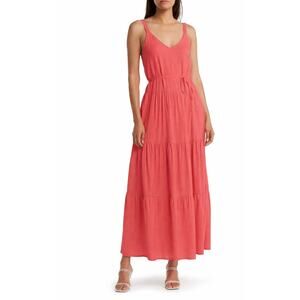 Splendid Wiley Maxi Dress Coral Tiered V Neck Tie Waist Size Small